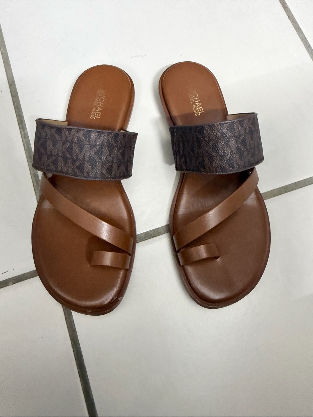 Michael Kors Brown Logo-Trim Strappy Slide Sandals
